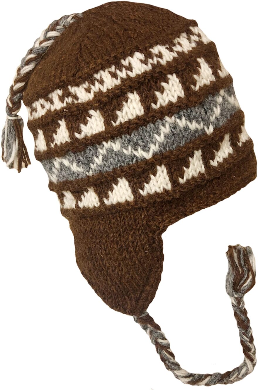 8005 Nepal Hand Knit Sherpa Hat with Ear Flaps, Trapper Ski Heavy Wool